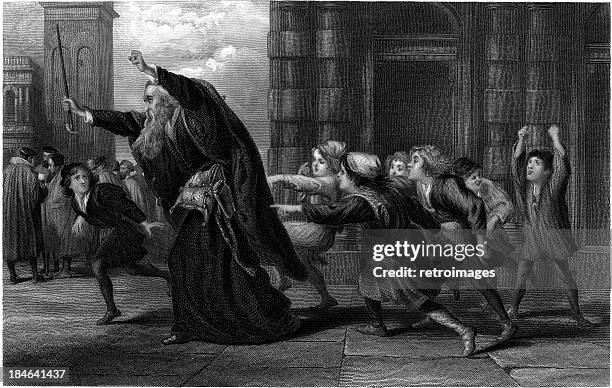 william shakespeare: shylock after the trail (merchant of venice) (illustration) - children acting stock illustrations
