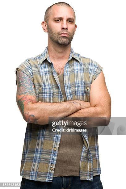 portrait of a young man with tattoos in a checkered shirt - sleeveless shirt stock pictures, royalty-free photos & images