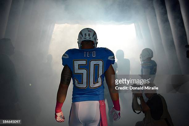 Manti T'eo of the San Diego Chargers prepares to run onto the field before their game against the Indianapolis Colts on October 14, 2013 at Qualcomm...