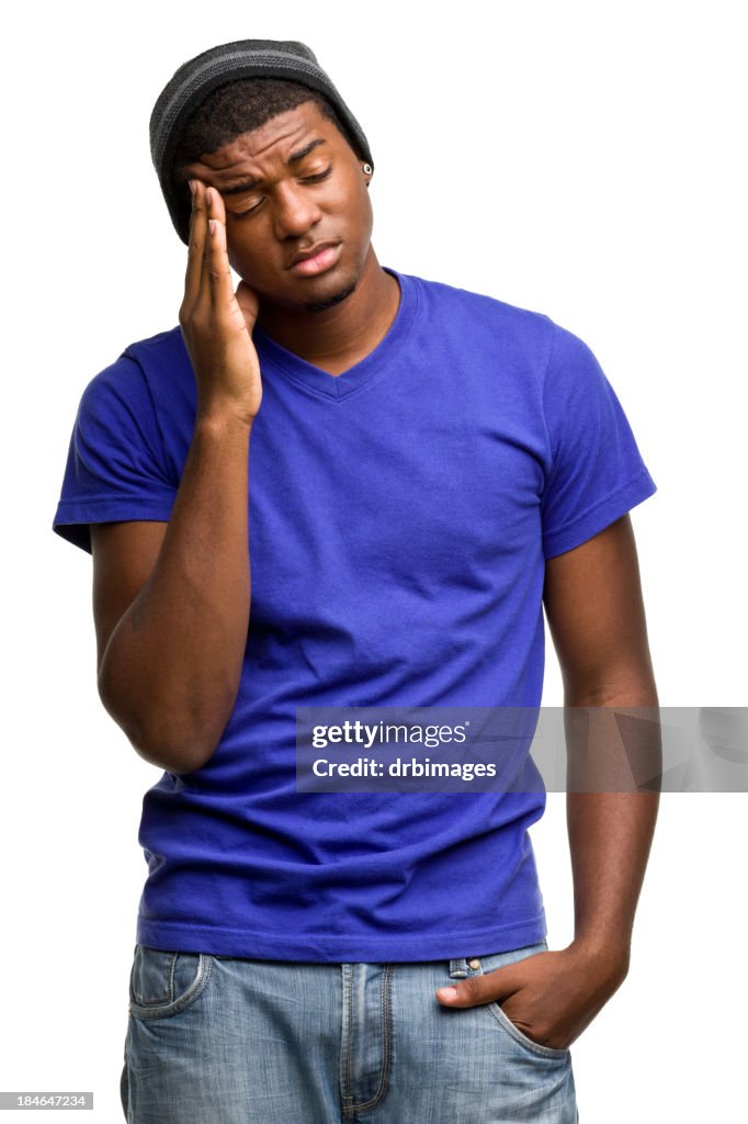 Stressed black young man in blue shirt