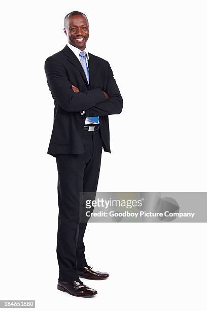 african american executive smiling - zwart pak stockfoto's en -beelden