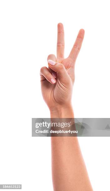 hand-zwei fingern zählen - raised finger stock-fotos und bilder