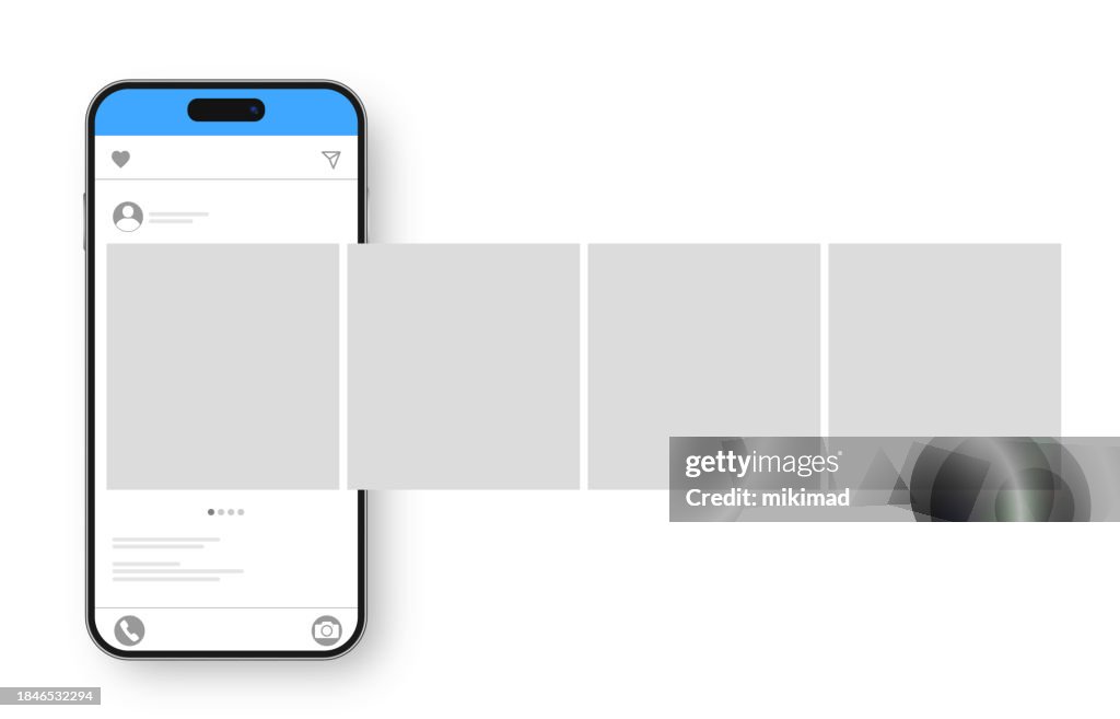Smartphone with carousel interface post on social network. Social media design concept. Transparent background. Vector illustration.