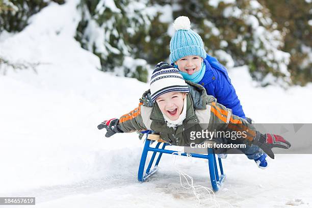 two little boys sledding on snow - tobogganing 個照片及圖片檔