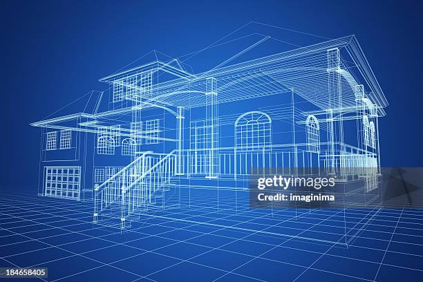 blue wireframe villa - house blueprint stockfoto's en -beelden