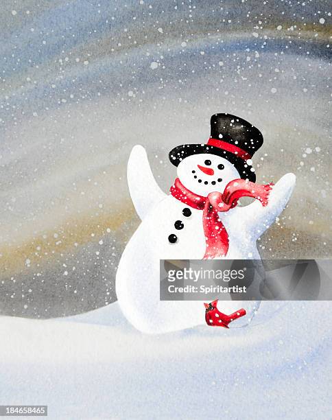cheerful snowman and cardinal friend - snowman stock illustrations