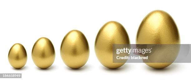 gold eggs grow from small to large on white background - golden egg stock pictures, royalty-free photos & images