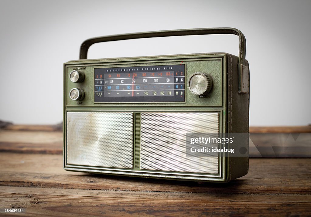 Vintage Green Portable Radio Sitting on Wood Table