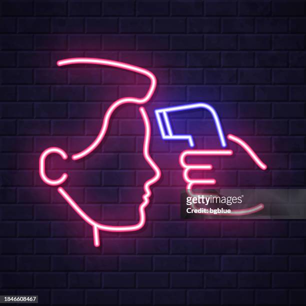 body temperature check. glowing neon icon on brick wall background - temperature scan stock illustrations