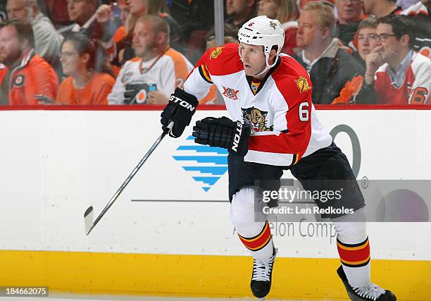 Ryan Whitney of the Florida Panthers skates against the Philadelphia Flyers on October 8, 2013 at the Wells Fargo Center in Philadelphia,...