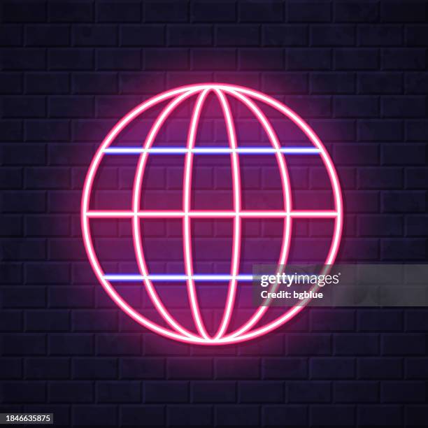 world. glowing neon icon on brick wall background - equator line stock illustrations