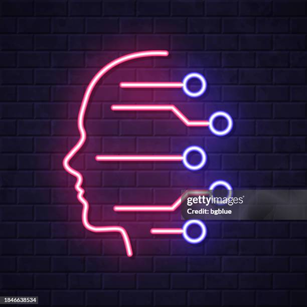 human face and circuit board. glowing neon icon on brick wall background - face lit by computer stock illustrations