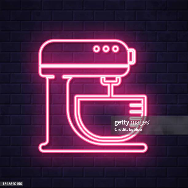stand mixer. glowing neon icon on brick wall background - baking cake stock illustrations