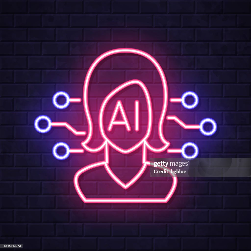 Artificial intelligence AI with female face. Glowing neon icon on brick wall background