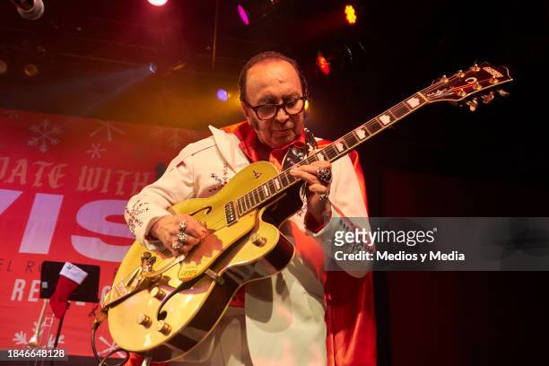 Vicente Jesus Montes of Rebel Cats performs during the Show `A Christmas Day With Elvis´ at Lunario on December 10, 2023 in Mexico City, Mexico.