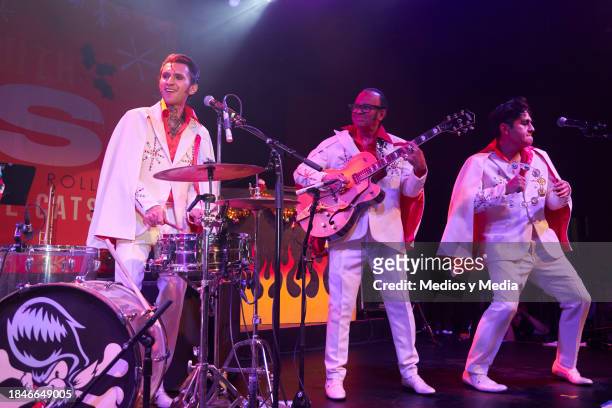 Vince Monster, Vicente Jesus Montes, Rodrigo Fuentes of Rebel Cats perform during the Show `A Christmas Day With Elvis´ at Lunario on December 10,...