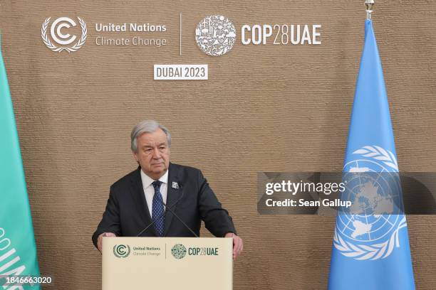 United Nations Secretary-General Antonio Guterres speaks to the media on day eleven of the UNFCCC COP28 Climate Conference as negotiations go into...