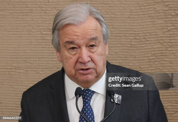 United Nations Secretary-General Antonio Guterres speaks to the media on day eleven of the UNFCCC COP28 Climate Conference as negotiations go into...