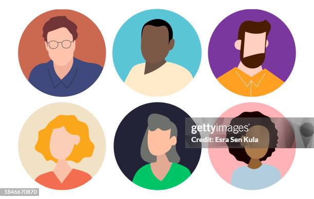 ilustraciones, imágenes clip art, dibujos animados e iconos de stock de avatar vectorial y paquete de ilustración de personajes - retrato