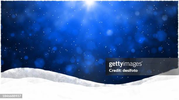 empty blank dark royal and navy blue coloured spotted christmas and new year backgrounds with a curved wavy frill or border of snow hills as bottom border, stars and glitter in glittering snowing backdrop shining like bokeh lights - tinsel background stock illustrations