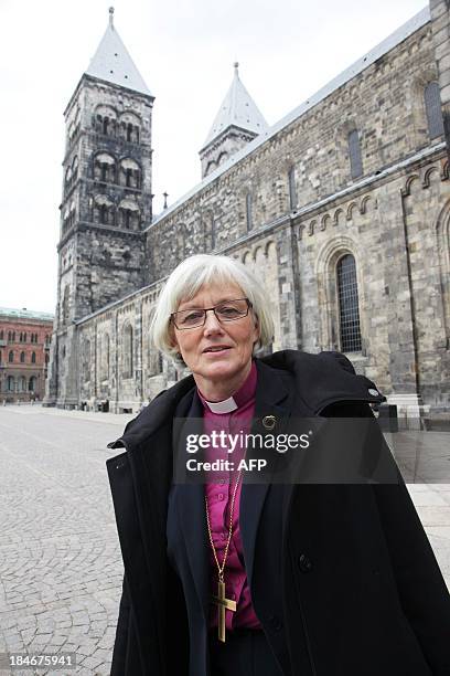 Bishop of Lund Antje Jackelen poses for a photo outside the Cathedral of Lund in southern Sweden on October 15 after beeing elected Sweden's first...
