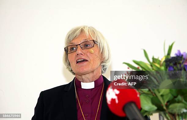 Bishop of Lund Antje Jackelen gives a speech at the Cathedral Forum in Lund in southern Sweden on October 15 after beeing elected Sweden's first...