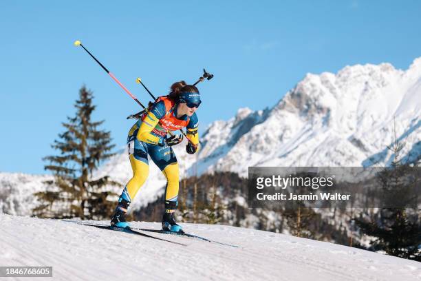 Mona Brorsson of Sweden competes during the Women 4x6 km Relay at the BMW IBU World Cup Biathlon Hochfilzen on December 10, 2023 in Hochfilzen,...