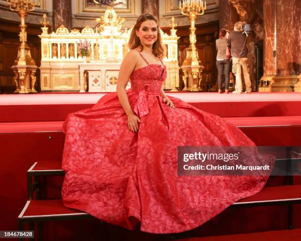 Jeanette Biedermann performs on stage during rehearsals for 'Berliner Jedermann' at Berliner Dom on October 15, 2013 in Berlin, Germany. The debut...