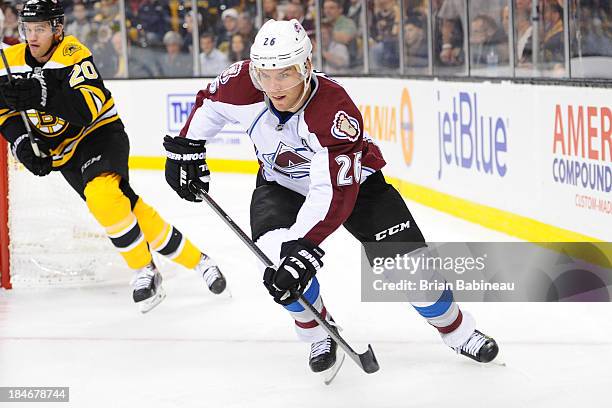 Paul Stastny of the Colorado Avalanche skates against the Boston Bruins at the TD Garden on October 10, 2013 in Boston, Massachusetts.