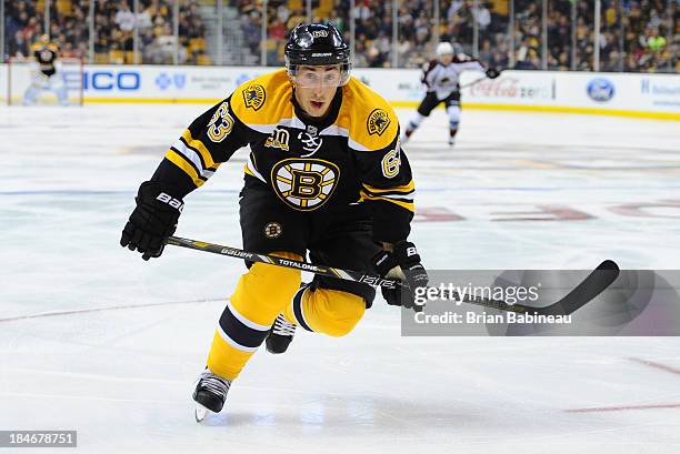 Brad Marchand of the Boston Bruins skates against the Colorado Avalanche at the TD Garden on October 10, 2013 in Boston, Massachusetts.