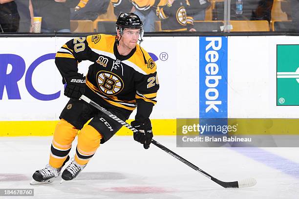 Daniel Paille of the Boston Bruins skates during warm ups prior to the game against the Colorado Avalanche at the TD Garden on October 10, 2013 in...