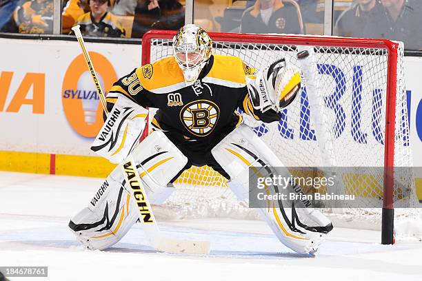 Chad Johnson of the Boston Bruins during warm ups prior to the game against the Colorado Avalanche at the TD Garden on October 10, 2013 in Boston,...