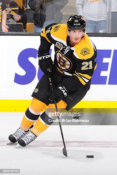 Loui Eriksson of the Boston Bruins skates during warm ups prior to the game against the Colorado Avalanche at the TD Garden on October 10, 2013 in...
