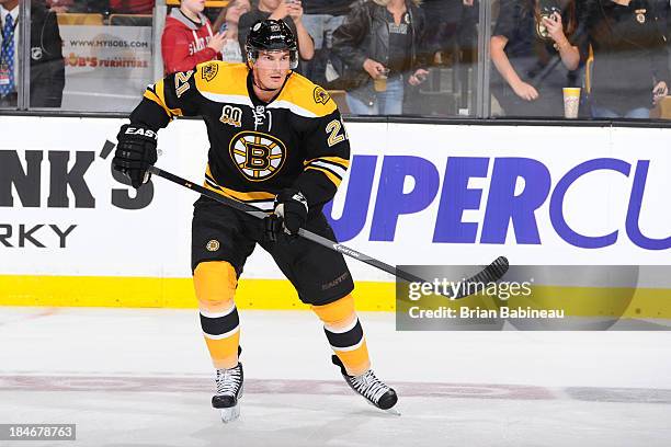 Loui Eriksson of the Boston Bruins skates during warm ups prior to the game against the Colorado Avalanche at the TD Garden on October 10, 2013 in...