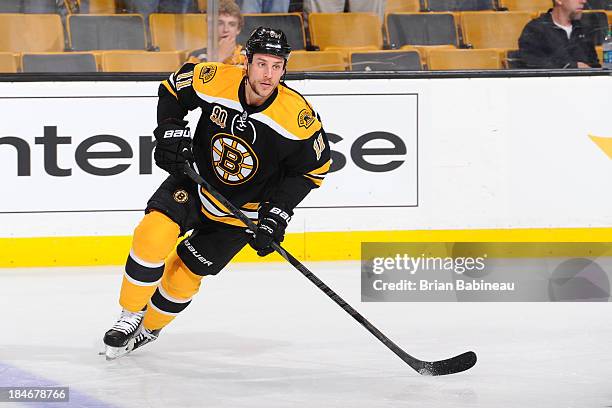 Gregory Campbell of the Boston Bruins skates during warm ups prior to the game against the Colorado Avalanche at the TD Garden on October 10, 2013 in...
