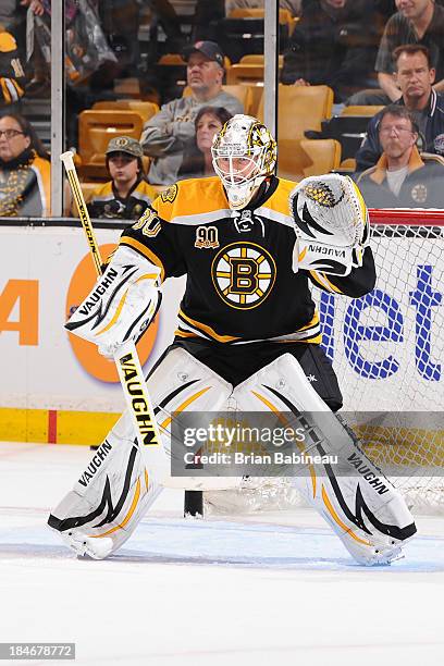 Chad Johnson of the Boston Bruins during warm ups prior to the game against the Colorado Avalanche at the TD Garden on October 10, 2013 in Boston,...