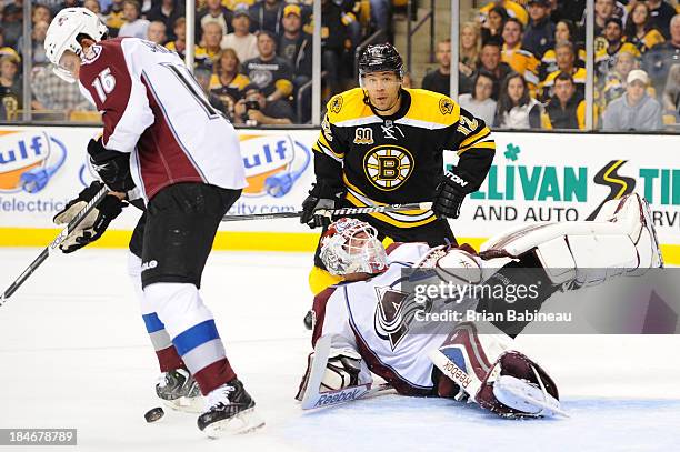 Jarome Iginla of the Boston Bruins against Jean-Sebastian Giguere of the Colorado Avalanche at the TD Garden on October 10, 2013 in Boston,...