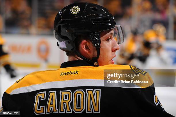 Jordan Caron of the Boston Bruins during warm ups prior to the game against the Colorado Avalanche at the TD Garden on October 10, 2013 in Boston,...