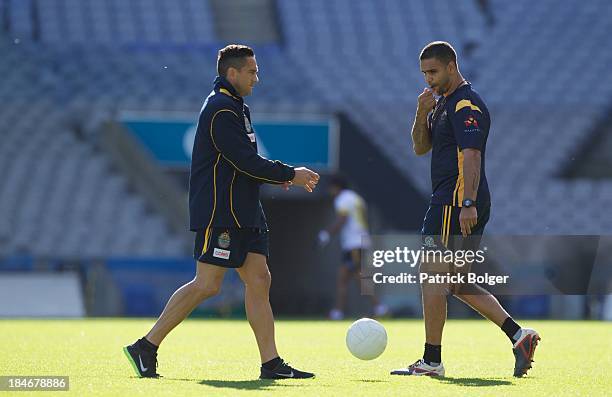 Andrew McLeod, Assistant Coach and Michael O'Loughlin, Coach of the AFL Australian International Rules team in action during a training session at...