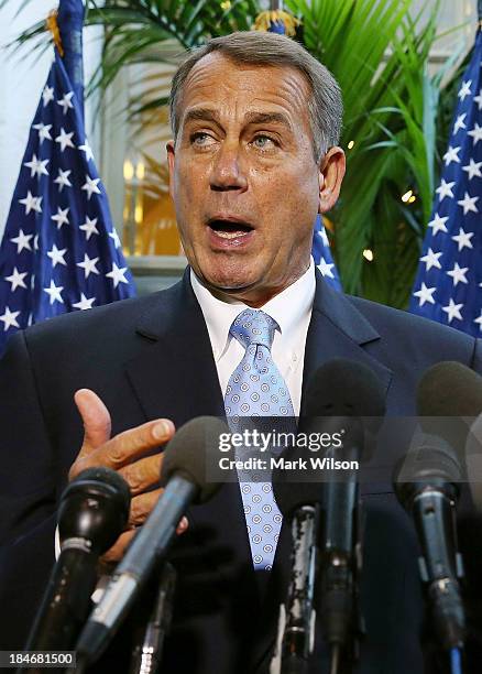 House Speaker John Boehner speaks to the media following a House Republican caucus meeting at the U.S. Capitol, October 15, 2013 in Washington, DC....