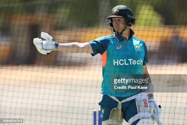 Steve Smith looks on while batting during an Australian nets session at the WACA on December 11, 2023 in Perth, Australia.