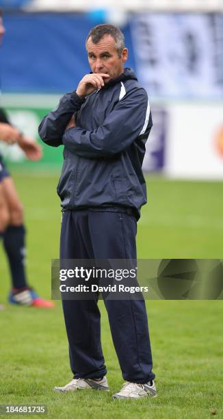 Serge Milhas, coach of Castres looks on during the Heineken Cup match between Castres and Northampton Saints at Stade Pierre Antoine on October 12,...