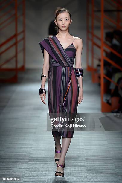 Model showcases designs on the runway during the Missoni show as part of Mercedes Benz Fashion Week Tokyo S/S 2014 at Hikarie Hall A of Shibuya...