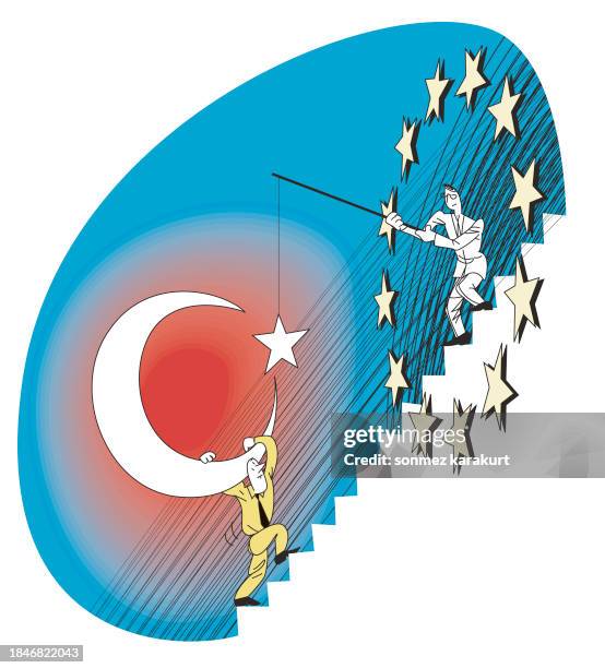 stockillustraties, clipart, cartoons en iconen met the european union throws fishing hooks at turkey - bijwonen