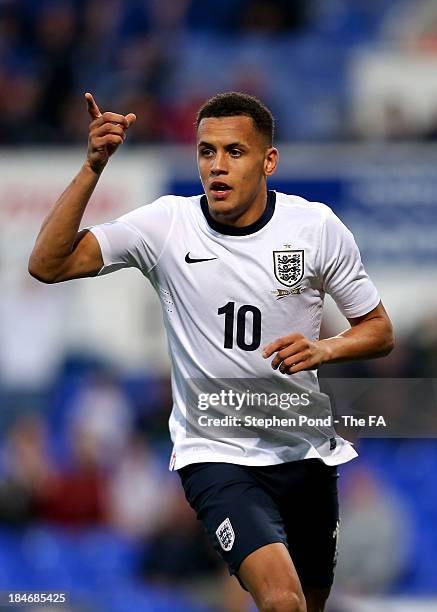 Ravel Morrison of England celebrates scoring the opening goal during the 2015 UEFA European U21 Championships Qualifying Group One match between...