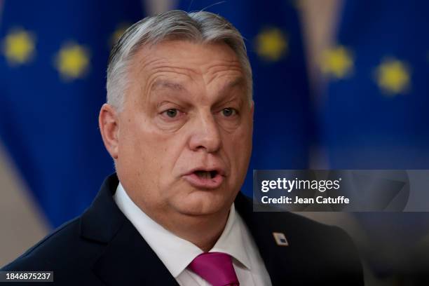 Prime Minister of Hungary Viktor Orban arrives at the European Council summit at Batiment Europa on December 14, 2023 in Brussels, Belgium.