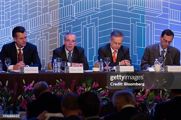 William C. Dudley, president of the Federal Reserve Bank of New York, second from left, speaks during the Banco de Mexico 20th Anniversary Of...