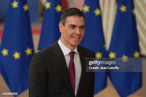 Prime Minister of Spain, Pedro Sanchez Perez-Castejon arrives at the European Council summit at Batiment Europa on December 14, 2023 in Brussels,...