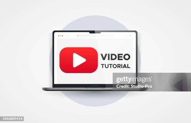 stockillustraties, clipart, cartoons en iconen met video tutorial laptop mockup 3d design - tutorial