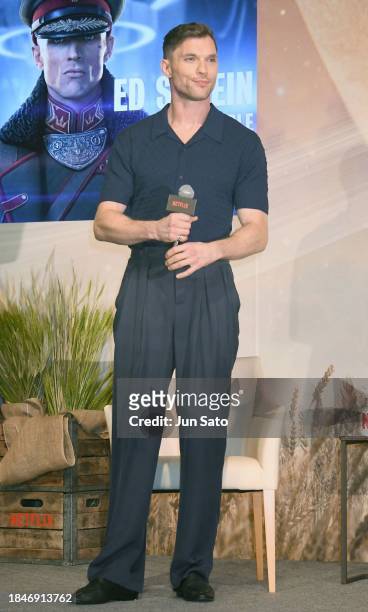 Actor Ed Skrein attends the "Rebel Moon: Part One - A Child of Fire" Press Conference on December 11, 2023 in Tokyo, Japan.